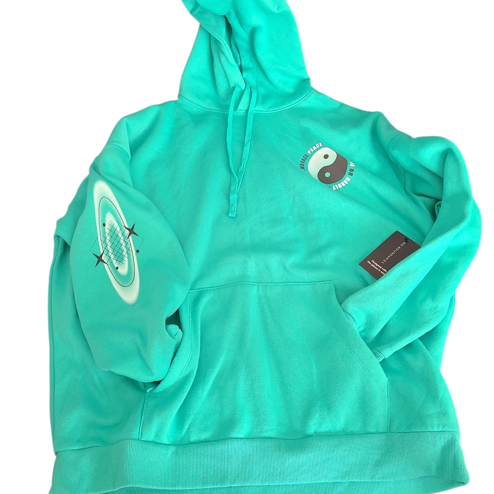 No Boundaries Teal Pull-ovet Hoodie Size XL Long Sleeve Ying Yang Graphic Print